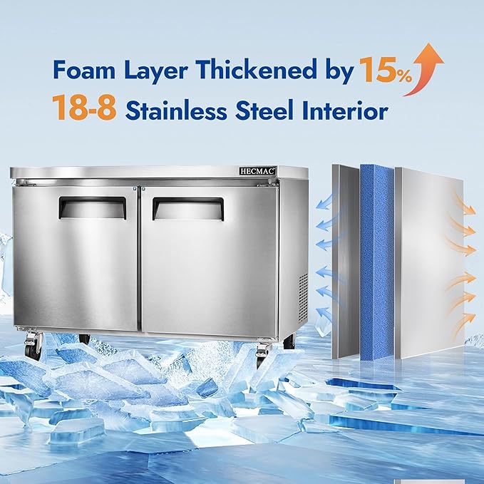 HECMAC 48" Commercial Freezer, 12.96 Cu.ft Worktop Undercounter Fridge with 2 Solid Door, -8~0℉, 18-8 Stainless Steel Interior, ETL&NSF/ANSI 7 for Restaurant, Bar, Shop, Kitchen Use