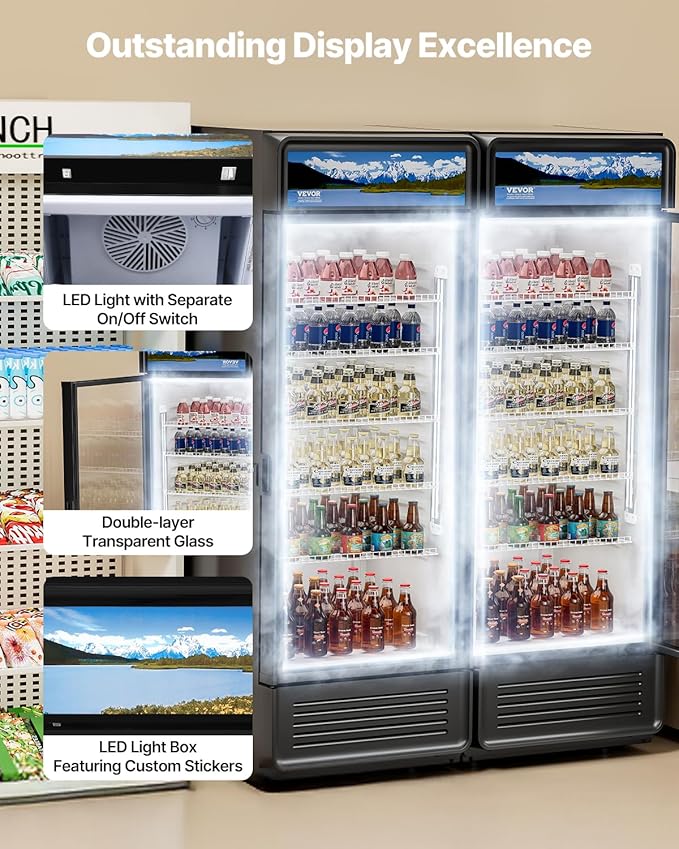 VEVOR Commercial Merchandiser Refrigerator, 12.2 CU.FT Glass Door Display Refrigerator, Beverage Cooler Merchandiser with Adjustable Shelves, Soft LED Light, Customizable Lightbox, Black