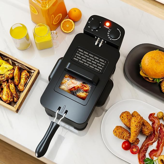 SIMOE Electric Deep Fryer with Basket, 1700W Countertop Oil Fryer with Adjustable Temperature, Lid with Viewing Window, 3 Liter / 12 Cup Oil Capacity, Small Deep Fryer Pot for Home Use, Easy to Clean
