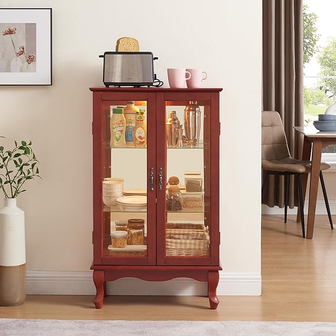 43" H Lighted Curio Cabinet Display Case with Light Bulb, Glass Curio Cabinet with Adjustable Shelves & Tempered Glass Door, Wooden Cabinets w/Mirrored Back Pane for Living Room(Cherry)