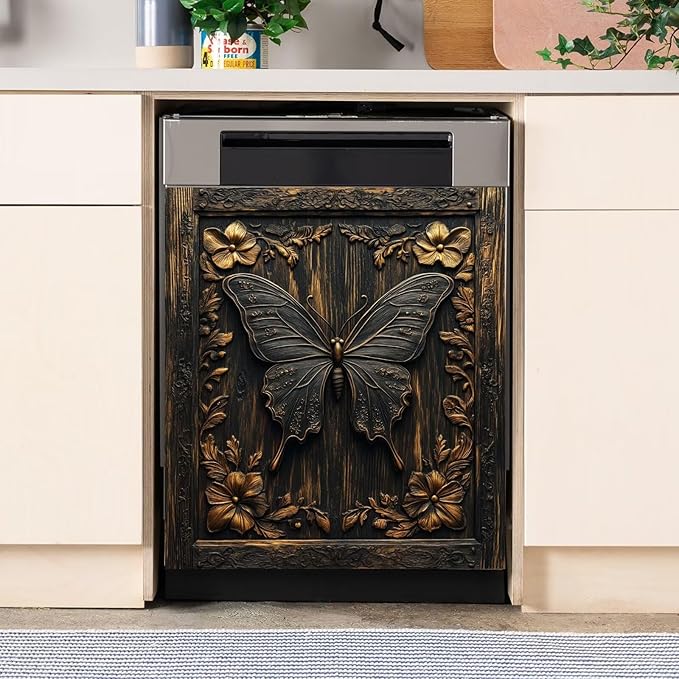 Farmhouse Butterfly Dishwasher Magnet Cover,Vintage Butterfly Wood Floral Magnetic Dishwasher Cover Vinyl Sticker,Fridge Door Cover Magnets Art Skin Panel Decal,Home Decor Decal,23"X26"
