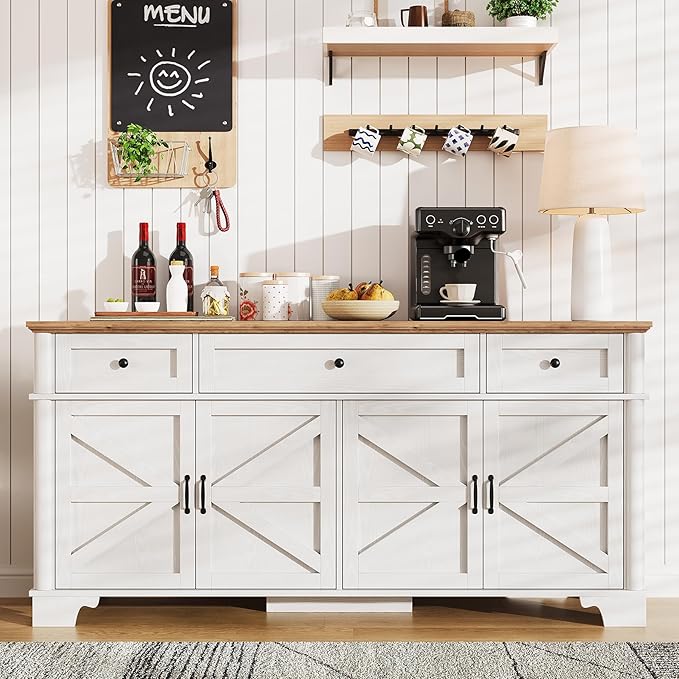 65 Inch Farmhouse Buffet Cabinet with Storage, White Sideboard Buffet Cabinet with Adjustable Shelves & 3 Drawers, Buffet Table Coffee Bar Wine Bar Storage for Kitchen & Living Room