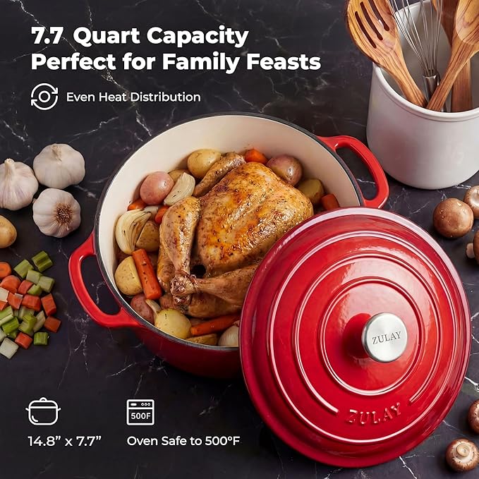 Zulay Kitchen 7.7 Quart Enameled Cast Iron Dutch Oven Pot with Lid – Premium Durability & Oven Safe up to 500°F – Heavy Duty Cookware Perfect for Bread Baking, Stews, Braising & Roasting – Red