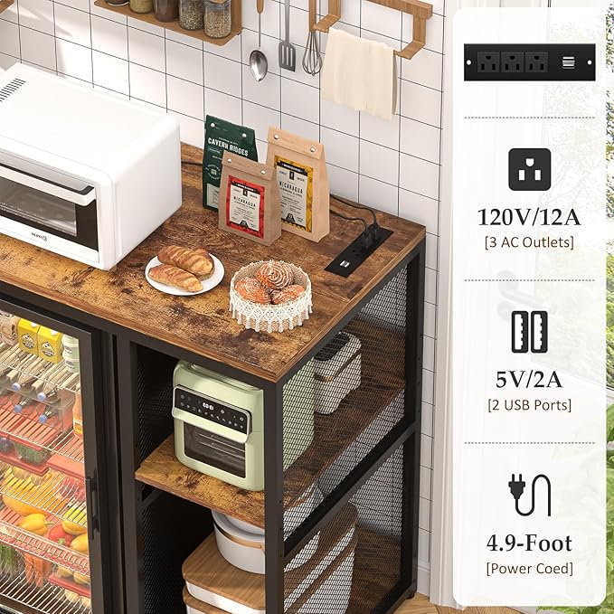 Homieasy Mini Fridge Cabinet Stand with Power Outlet, Coffee Bar Cabinet with Mini Fridge Space, Bar Stand with Microwave Shelf with Wine Rack for Kitchen, Dorm, Rustic Brown