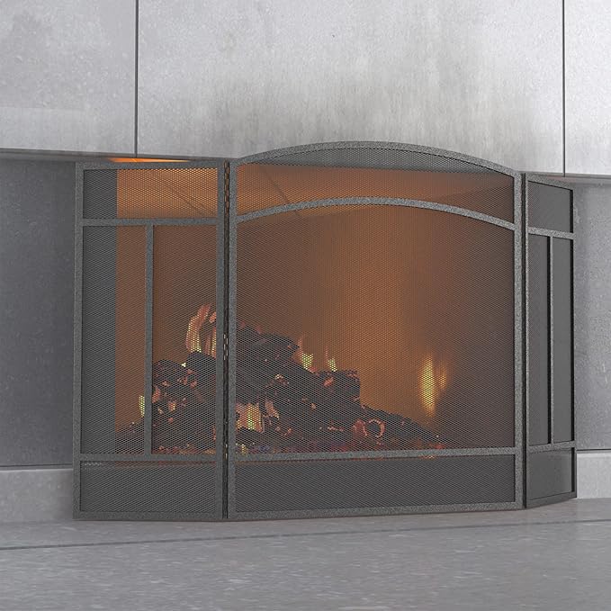 Fire Beauty Fireplace Screen 3 Panel Wrought Iron 48"(L) x 29"(H) Spark Guard Cover(Pewter)