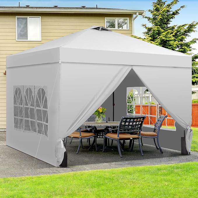 Saemoza 10x10 Pop Up Canopy Tent with One Push Setup, Portable Sun Shade Tent, Instant Easy Up Canopy with 4-Sidewalls & Handbag, Outdoor Fldable Gazebo with Vent Top, White.