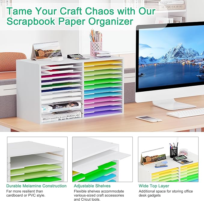 EasyPAG Scrapbook Paper Storage Organizer for Craft Room, 12x12 Paper Storage Desk Shelf, 24 Slot Adjustable File Sorter for Office School Classroom, White