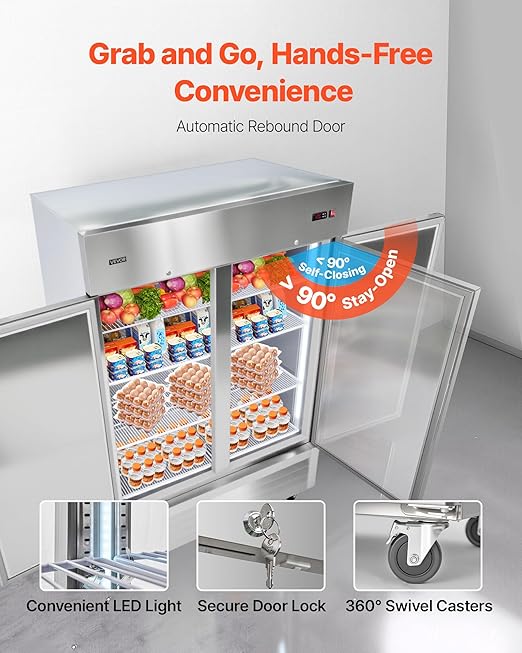 VEVOR Commercial Reach-In Refrigerator 54" W, 44 Cu.Ft Stainless Steel Upright Refrigerator with Double Doors, Auto-Defrost, 8 Adjustable Shelves, 32 to 50℉ Temp Control, ETL Certified