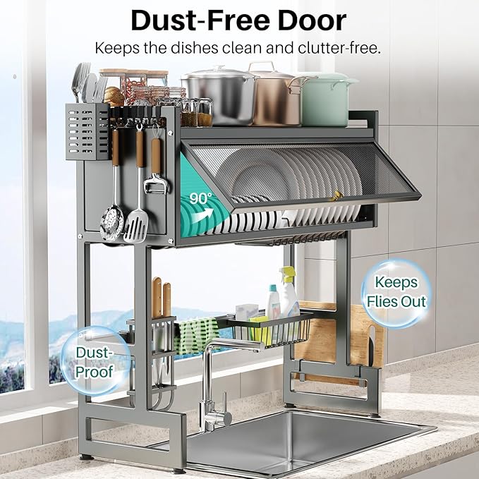 Over The Sink Dish Drying Rack with Cover, Over The Sink Dish Drainer Drying Rack 3 Tier Dish Rack, Keep Kitchen Sink Shlef Organized Space-Saving for Dishes and Cutlery (Matte Gray, 33.4" Length)
