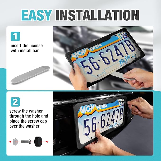 DURATECH Silicone License Plate Frames, Rust Proof Plate Cover for Car, Rattle Proof Plate Protector with Installation Tool Kits, Waterproof License Plate Holder for Extreme Weather (2Pc, Black)