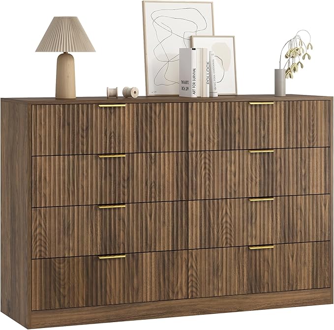 8 Drawer Dresser for Bedroom, Modern Fluted Double Dresser, 55" Wide Chest of Dressers, Mid Century Wooden Beside Table for Closet, Living Room and Entryway, Natural