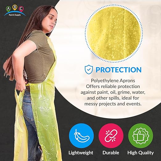 ABC PACK & SUPPLY Yellow Plastic Disposable Aprons Adults for Painting, 28 x 46 Inches. Pack of 500 Disposable Plastic Aprons, 1.5 Mil. Unisex Waterproof Polyethylene Painting Apron for Food Industry