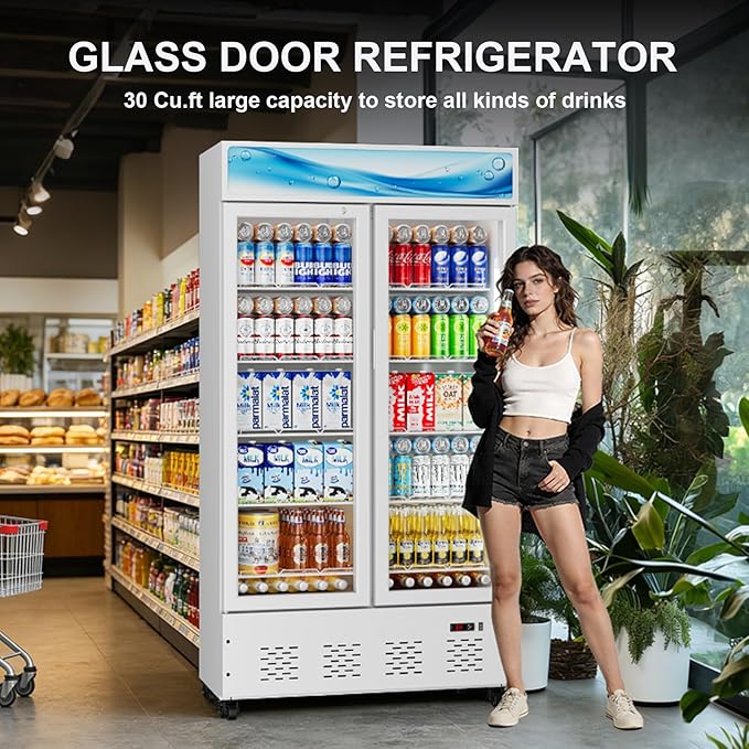42”W Commercial Glass Door Display Refrigerator 30 Cu.ft White Cooler Beverage Fridge with LED Light and 10 Shelves for Cafe Restaurant Store Bar