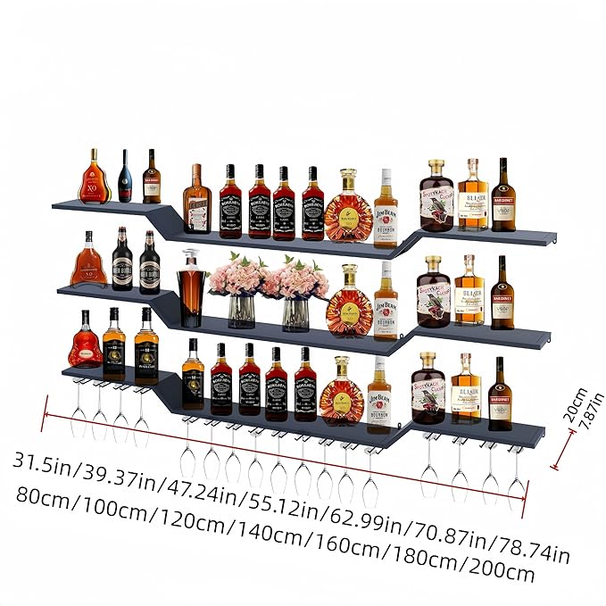 55.1" Wall Mounted LED Wine Rack, 3-Tier Floating Bar Shelves, Large Liquor Shelf with Wine Glass Rack, Large Bar Rack Wall Mounted for Liquor Bottles, Home Bar, Dining Room or Cafe, Gold