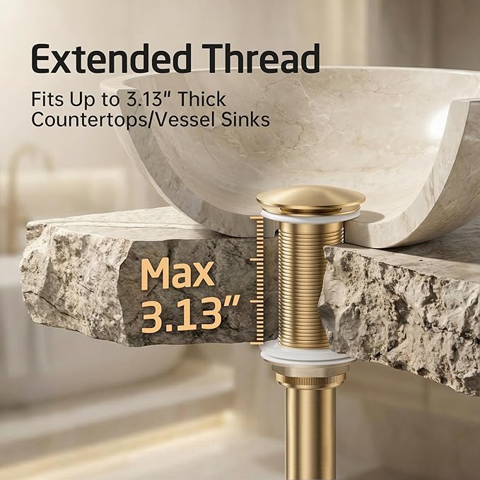 KES All-Metal Pop Up Bathroom Sink Drain, Extended Thread for Thicker Vessel Sinks & Countertops, Durable Brass & Stainless Steel, No Overflow, Brushed Gold, S2022D-BZ