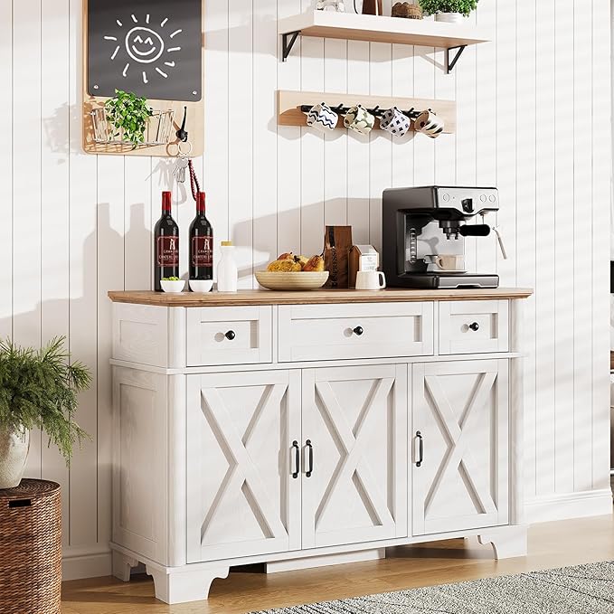 Farmhouse Buffet Cabinet with Storage, White Sideboard Buffet Cabinet with Adjustable Shelves & 3 Drawers, Buffet Table Coffee Bar Wine Bar Storage for Kitchen & Living Room, 47inch