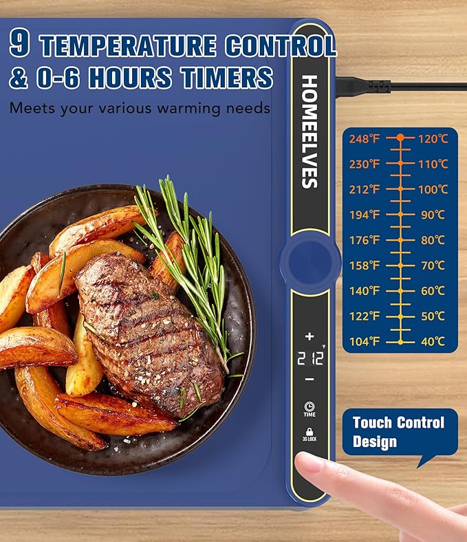 Food Warming Mat, Rapid Heating Electric Warming Tray with 9 Temp Setting and 6 Hours Timer,Foldable Warming Trays for Food, Portable Food Warmers for Parties Buffet, Blue