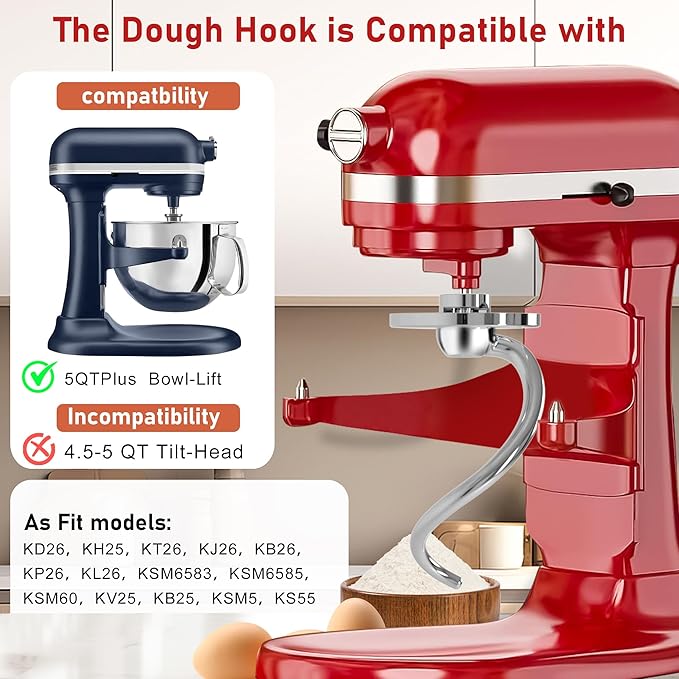 Premium 316 Stainless Steel Spiral Dough Hook Attachment for Kitchenaid all 5Plus QT Bowl-Lift Stand Mixers, Dishwasher Safe, Rustproof & Heavy-Duty, Kneads Perfectly Dough Master, Spatula & Recipe