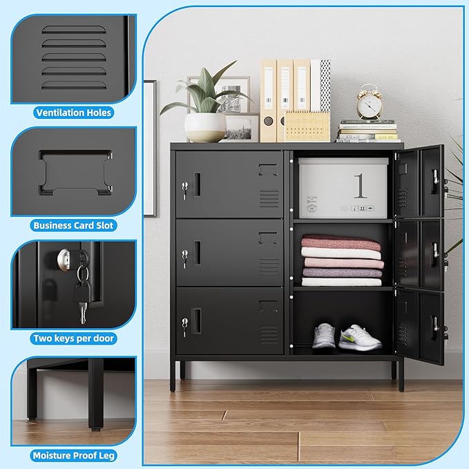 METAN Metal Lockers for Employees,6 Doors Office Storage Lockers with Lock for Office, Assembly Required,Black