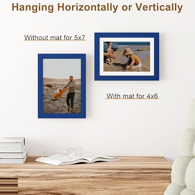 Vittanly 5x7 Picture Frame, Solid Wood Frame with Plexiglass, Includes 4x6 Mat, Wall Hanging or Tabletop for Home Decor, Royal Blue, 1 Pack