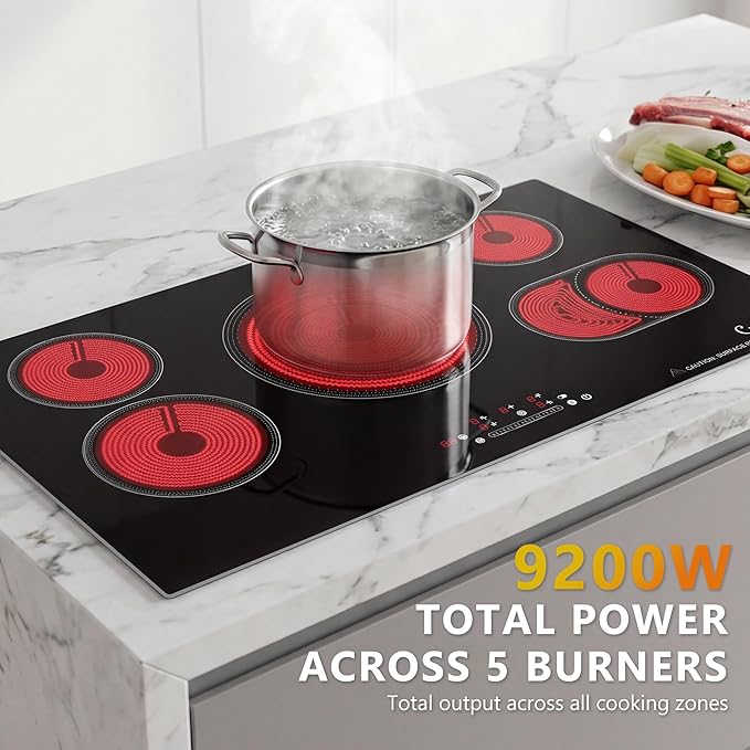 36″ Built-In Electric Cooktop – 5 Burner Ceramic Glass Stove, 9200W High Power, Precise Touch Control, 9 Heat Levels, Child Lock, Timer & Residual Heat Indicator, 220–240V Hard-Wired