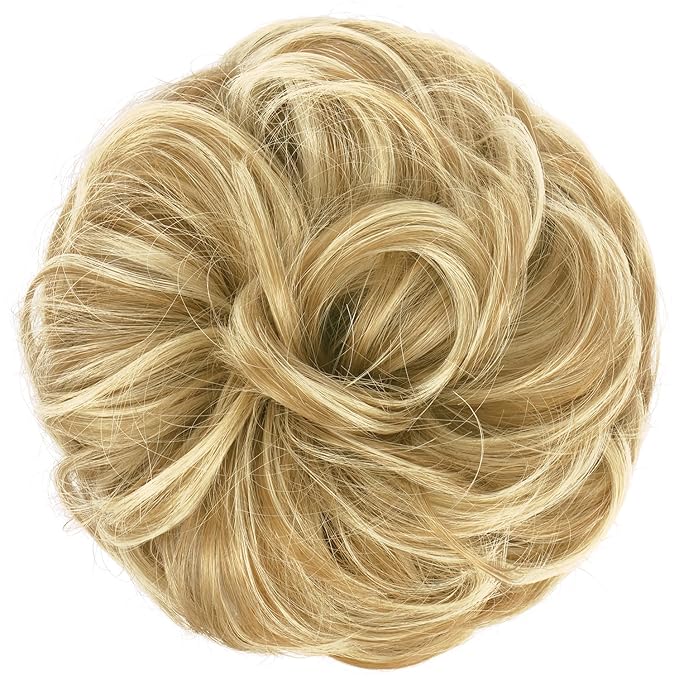 FESHFEN Large Messy Bun Hair Piece - Wavy Synthetic Chignon Scrunchies Elastic Ponytail Hair Extensions Thick Hairpieces for Women, Sunny Blonde 1.94oz