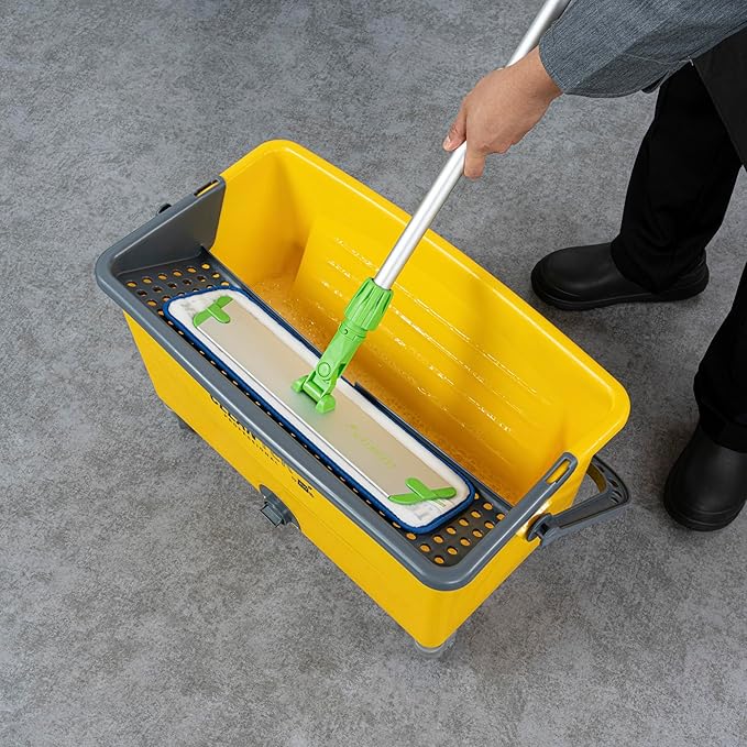 Restaurantware-Clean Tek Professional 44 Quart Cleaning Bucket, 1 Bucket With Comfortable Handle - Drain Valve, Heavy-Duty, Yellow On Wheels, Portable, For Restaurant, Home, School, Or Office
