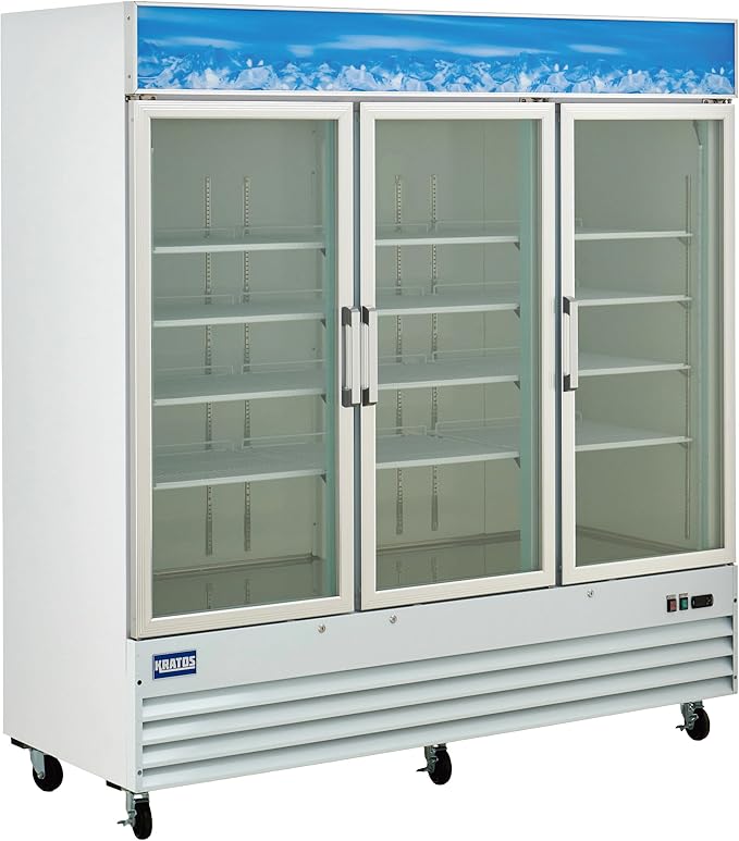 Kratos Commercial Three Door Merchandising Refrigerator, Large Swing Glass Door White Mobile Display Refrigerator for Markets and C Stores, 78" Wide, LED Lighting, 115V (67K-213)