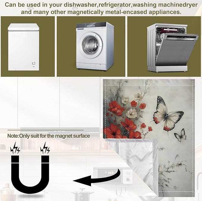Butterfly Dishwasher Magnets Decorative Cover,Red White Flowers Magnet Fridge Panel Decal for Home Kitchen Decor,23x26 in