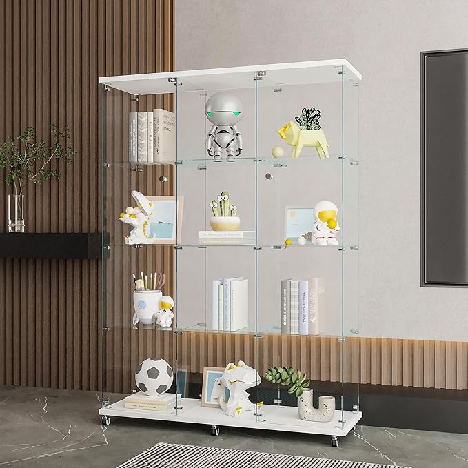 66.5" H 4-Shelf Extra Large Glass Display Cabinet with Double Doors,Modern Floor Standing Curio Cabinet Bookshelf Collection Display Case with Lockable Casters & Lock for Living Room (White)