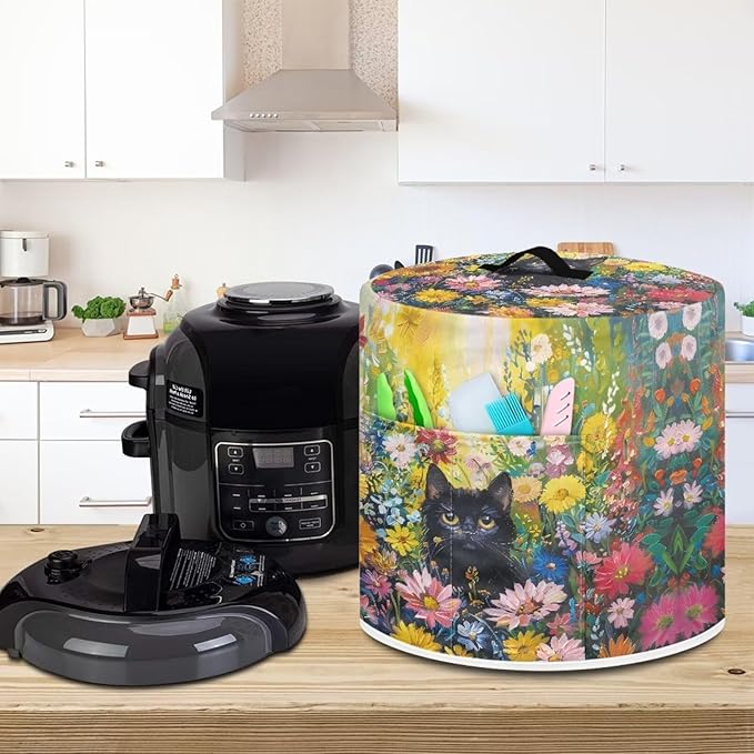 Xoenoiee Black Cat Vibrant Floral Print Kitchen Appliance Dust Cover with Pockets, Electric Pressure Cooker Cover for 8qt Compatible with Crock Pot, Rice Cooker Cover