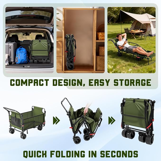 LEVELEVE Heavy Duty Folding Wagon - 2-in-1 Collapsible Cart, 650lb Capacity, All-Terrain Wheels w/Brakes & Side Pockets (Army Green)