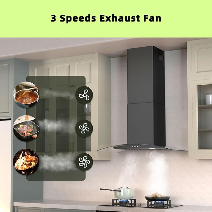 FIREGAS Wall Mount Range Hood 30 inch with 3 Speed Fan,black range hood with tempered glass,400CFM,Push Button Controls, LED Lighting, Permanent Filters in Stainless Steel,includes 2 Charcoal Filters