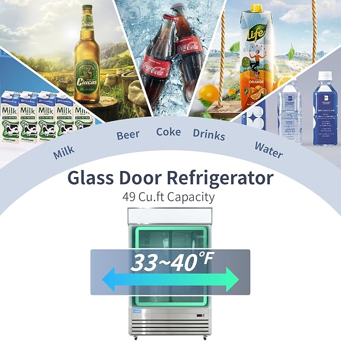 ICECASA 54" W Merchandiser Commercial Display Refrigerator Double Glass Door Reach-in 49 Cu.ft Stainless Steel Display Refrigerator Fan Cooling for Restuarant, Bar, Shop, etc