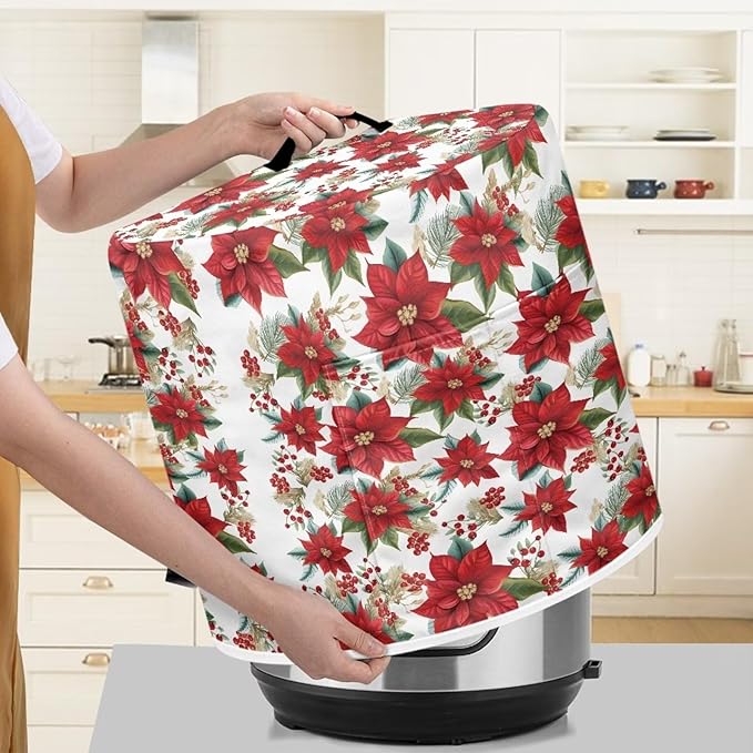 Dust Cover for Kitchen Instant Pot, for 8 Quart Pressure Cooker Air Fryer Rice Cooker Kitchen Appliance Dust Protection with Storage Pocket Christmas Decoration, Red Poinsettia Flower