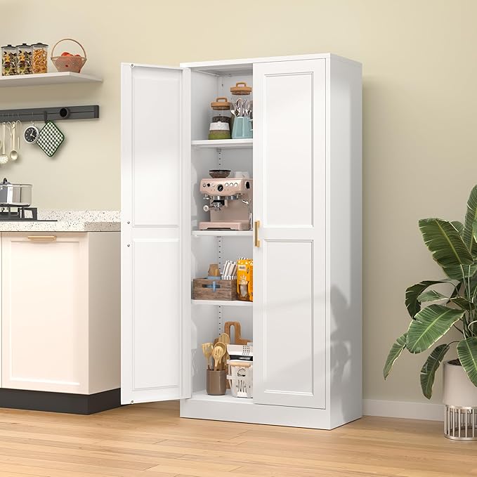 60" Kitchen Pantry Storage Cabinet,White Tall Storage Cabinet With Doors and Shelves,Metal Food Pantry Cabinets for kitchen storage,Freestanding Cupboard for Dining Living Room,Assemble Required