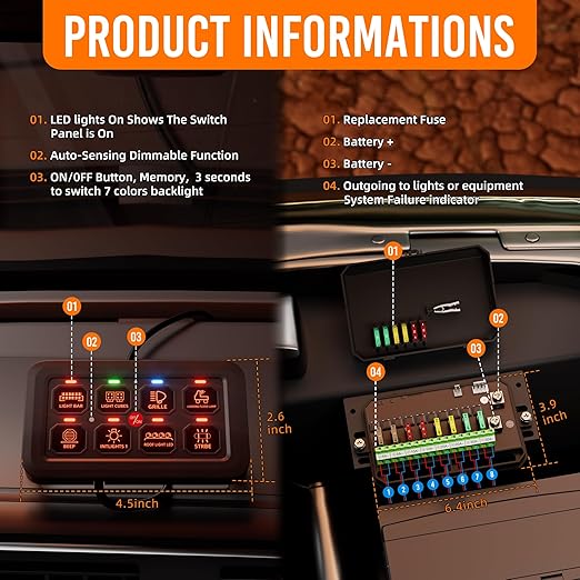 DaierTek 8 Gang Switch Panel RGB LED Lighted Multi-Function Switch Pod Toggle Momentary Pulsed Touch Control Switch Panel Dimmable for Car ATV UTV Boat Marine