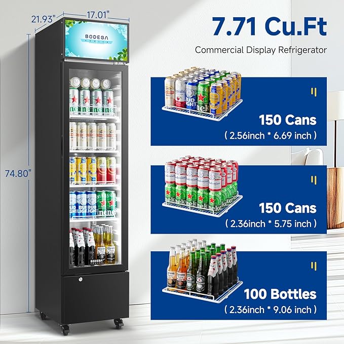 BODEGACOOLER Beverage Refrigerator and Cooler, 7.71 Cu. Ft Commercial Refrigerators for Drink, Beer, Tall Commercial Cooler for Beer, Soda, Single Door Display fridge