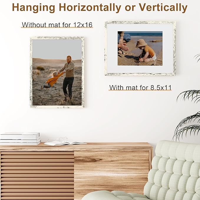 Vittanly 12x16 Picture Frame, Solid Wood Frame with Plexiglass, Includes 8.5x11 Mat, Wall Hanging for Photos, Home Decor, Distressed White, 1 Pack