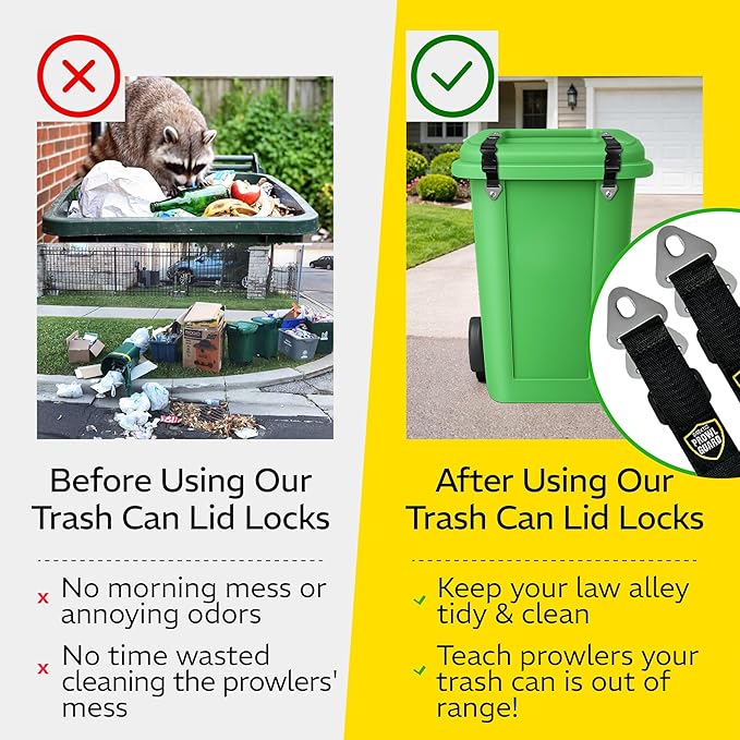 PROWL GUARD Trash Can Lid Lock – 2 Pack Animal & Raccoon Proof Trash Can Lid Straps for Outdoor Garbage Bins, Heavy Duty Adjustable Garbage Lock Clamps, Weather Resistant, Easy Install, 2 Pieces