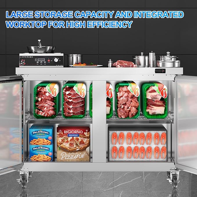 48" W Commercial Undercounter Freezer, 11.1 Cu.ft 2 Door Worktop Under Counter Freezer, Stainless Steel Commercial Kitchen Freezing Equipment for Restaurant, Bar, Shop, etc.