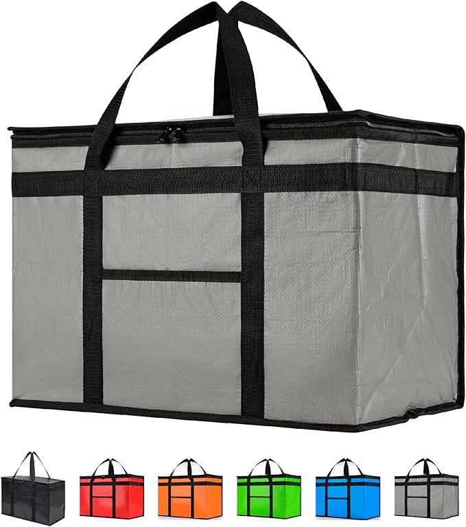 NZ home Insulated Bags for Food Delivery (2XL PRO) Grocery Shopping Cooler Bag, Pizza Delivery, Hot & Cold Catering Tote, Reusable, Foldable & Heavy Duty (2 Pack, Grey)