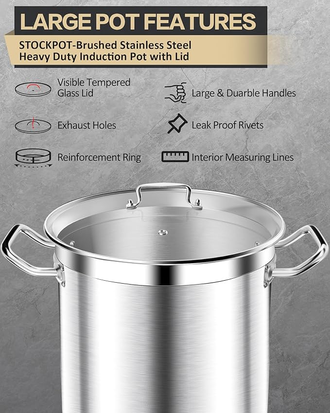 Stainless Steel Stock Pot with Lid – 24 Quart (6 Gallon) Heavy-Duty Cooking Pot for Soup, Stew, Pasta – Commercial & Home Use, Easy to Clean