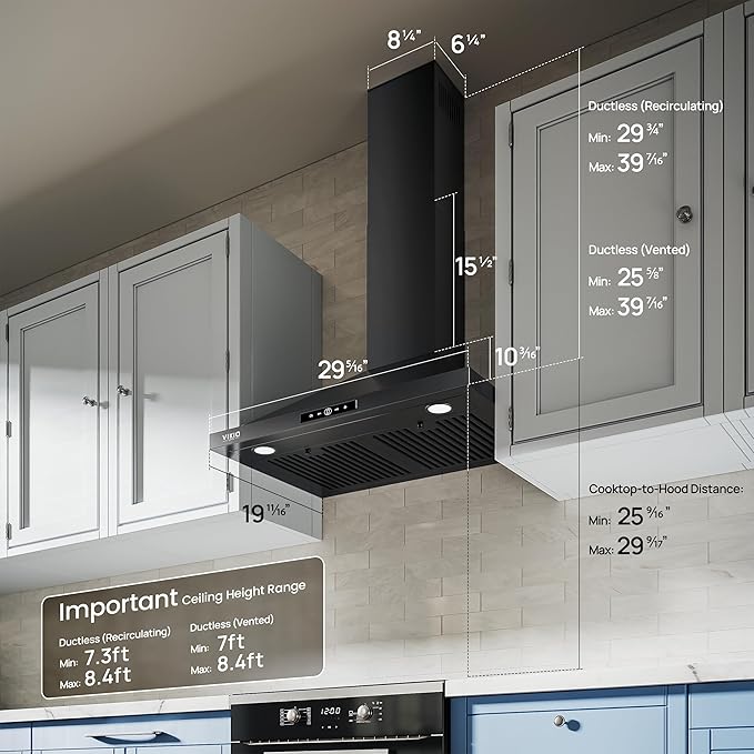 Wall Mount Range Hood 30 inch, 580 CFM Kitchen Vent Hood, Ducted/Ductless Convertible with Touch Control, Stainless Steel Stove Vent Hood, Easy Clean Filter, Black
