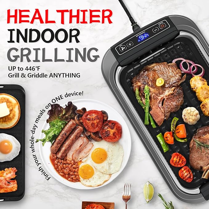CUSIMAX Smokeless Grill, Electric Indoor Grill, 1500W Korean BBQ Grill with Non-stick Removable Grill/Griddle Plate, LED Smart Display & Tempered Glass Lid, Grey