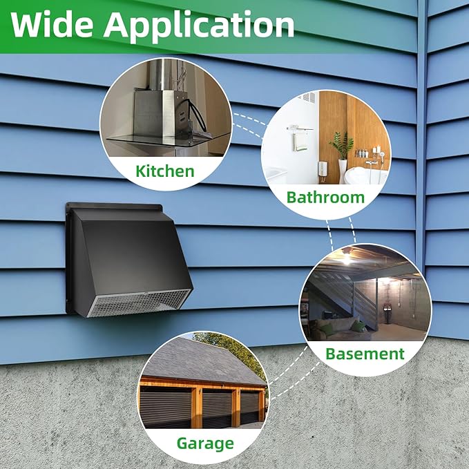 5 inch dryer Vent Cover Exterior Wall Vent Hood Outlet Airflow Vent Dryer exhaust vent with Screen and Damper,Outdoor Dryer Vent Cover cap for Range Hood/Kitchen Air Ventilation,Galvanized Steel,Black