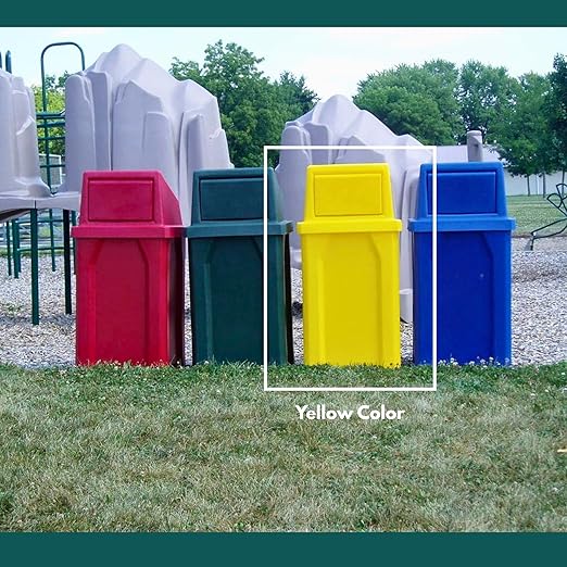 Campus Collection 32 Gallon Square Slatted 100% Recycled Plastic Heavy-Duty Commercial Outdoor or Indoor Trash Can with Push Top Lid | Great for Schools and Businesses - Yellow