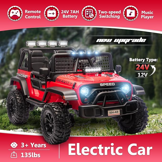 Sopbost 24V 7Ah 2 Seater Ride On Truck Ride On Toy for Big Kids Ride On Car with Remote Control Off-Road Electric Car with Shock Absorber, LED Lights, Bluetooth Music Player, EVA Tires, Red