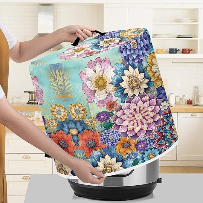 Flashideas Colorful Flowers Pressure Cooker Cover with Storage Pocket Compatible with 8 10 Quart Instant Pot, Durable Rice Cooker Air Fryer Accessories, Waterproof Kitchen Appliances Dust Cover