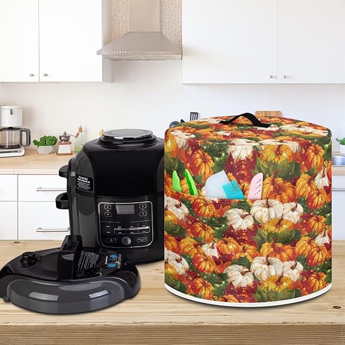 8 Quart Pressure Cooker Dust Cover with Top Handle and Storage Pockets Kitchen Appliance Protector Cover for Air Fryer Rick Cooker Pumpkins Maple Leaf Thanksgiving Day Decor